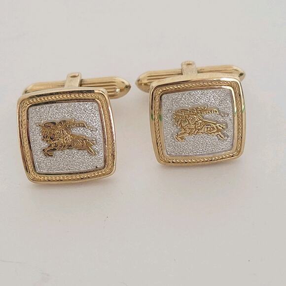 Burberry Cufflinks Set Gold Silver Tone Logo Vintage Square Hallmark Retro - Picture 1 of 7